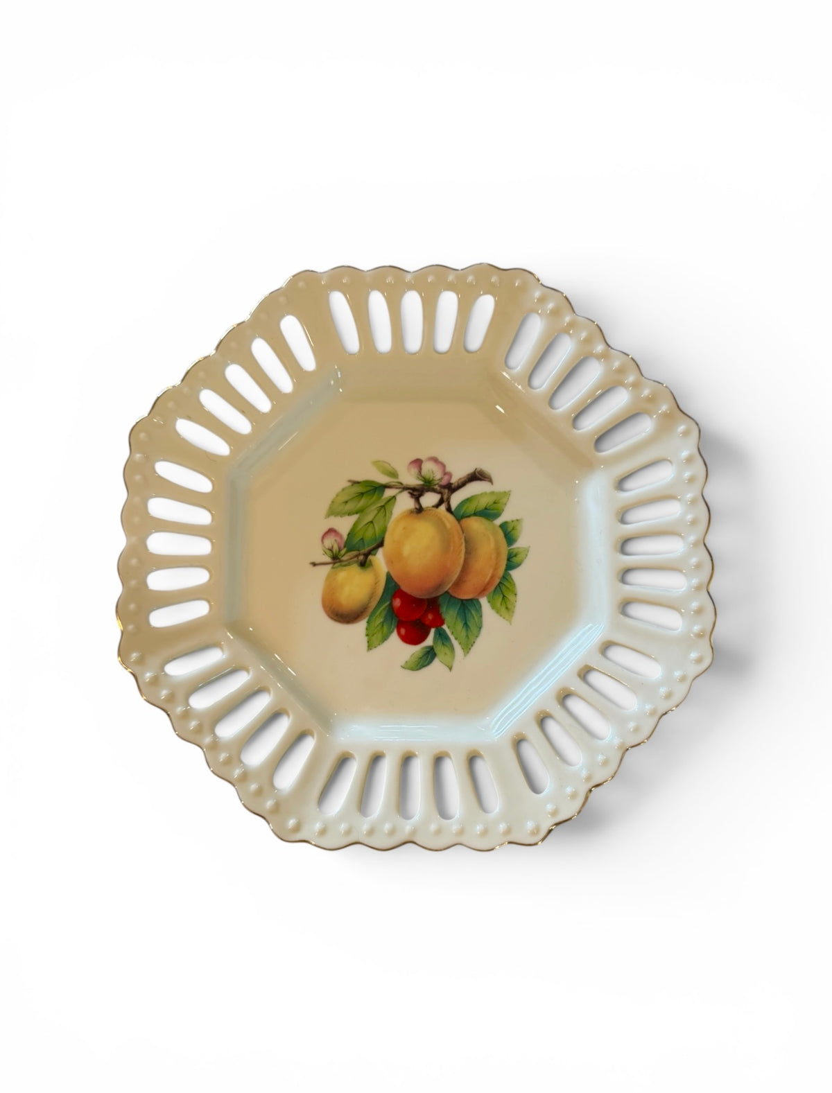 German Reticulated Porcelain Vintage Wall Plate | Cottagecore Fruit Decor | Gold Gilt Pierced Hanging Plate