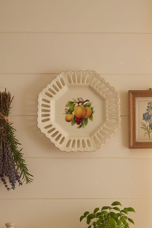German Reticulated Porcelain Vintage Wall Plate | Cottagecore Fruit Decor | Gold Gilt Pierced Hanging Plate