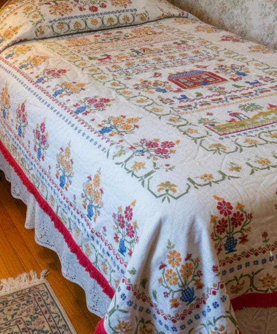 Fieldcrest “American Sampler” Twin Bedspread – Americana Folk Art Bedding with Hot Pink Fringe, 1960s–1970s