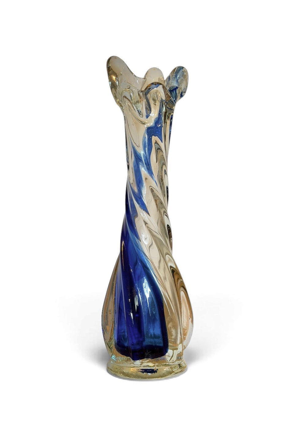 Murano Style Art Vintage Glass Finger Swung Bud Vase | Cobalt Blue Twisted Ribbon Spiral | 9”