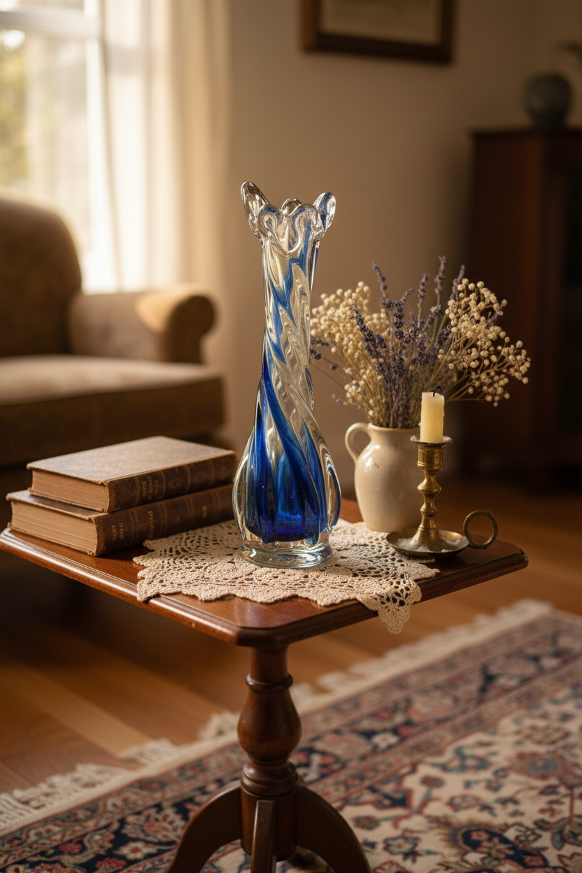 Murano Style Art Vintage Glass Finger Swung Bud Vase | Cobalt Blue Twisted Ribbon Spiral | 9”