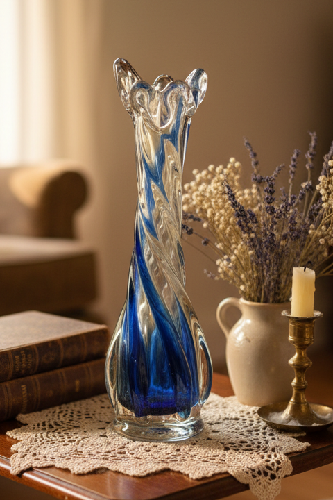 Murano Style Art Vintage Glass Finger Swung Bud Vase | Cobalt Blue Twisted Ribbon Spiral | 9”