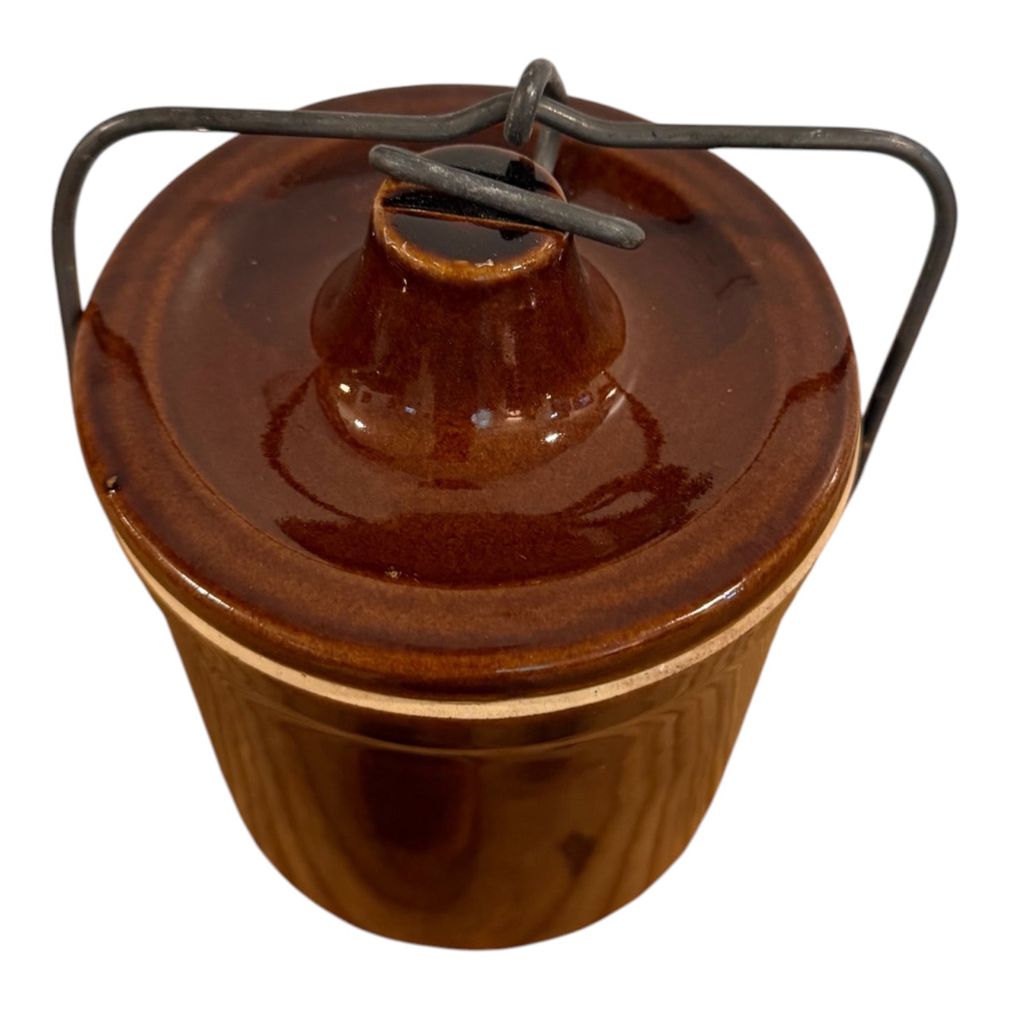 Brown Vintage Stoneware Cheese Crock with Wire Bail Lid | Made in USA