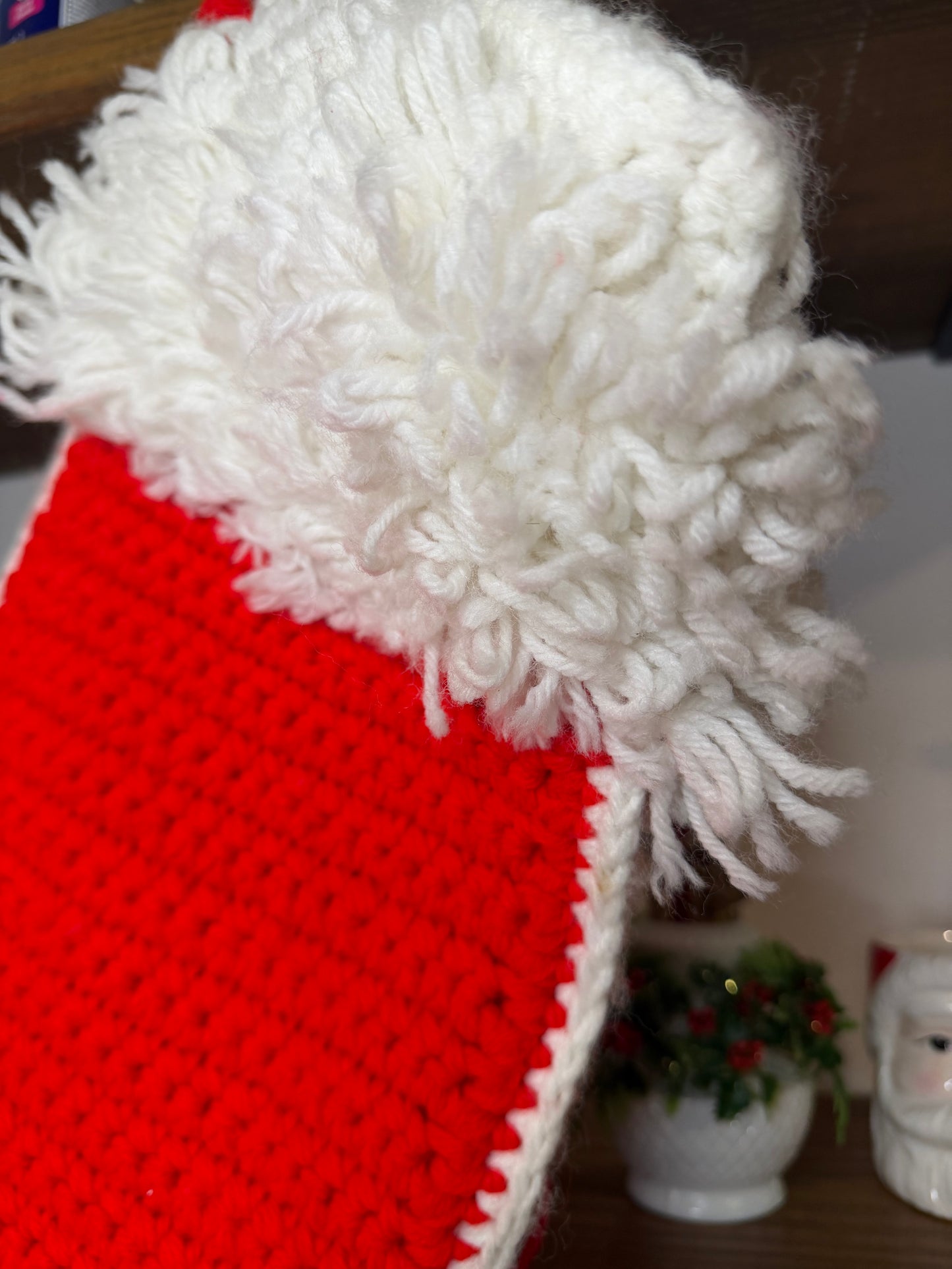 Vintage Hand-Crocheted Christmas Stocking – Red with White Trim, 19”