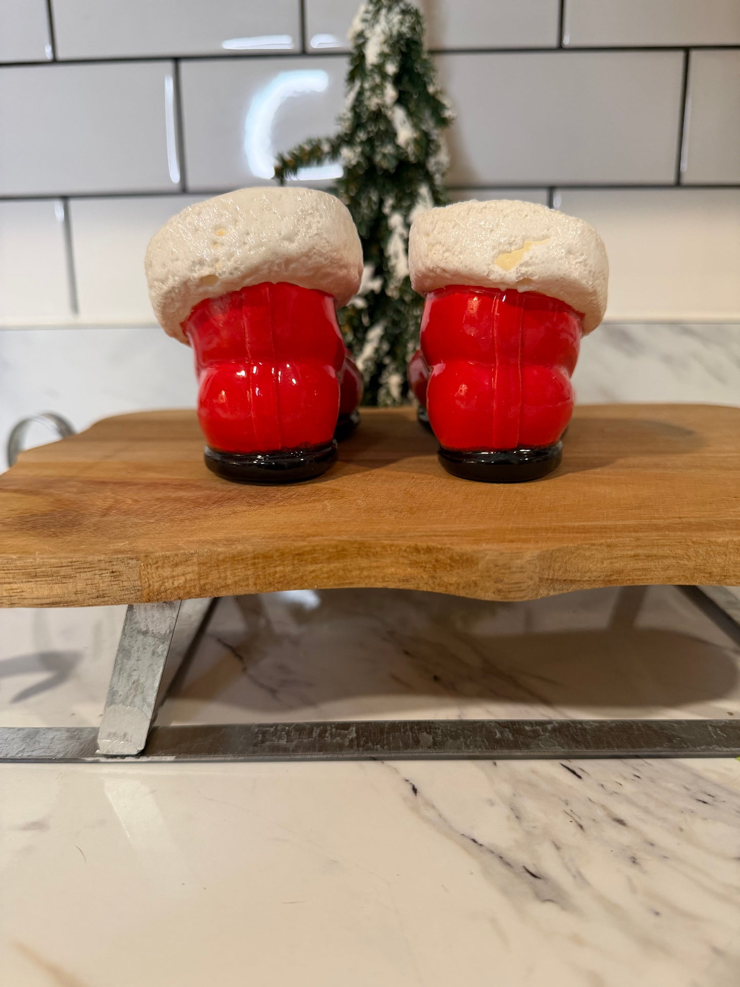 Vintage Santa Boot Candle Holders — Pair — Red with White Trim & Black Soles