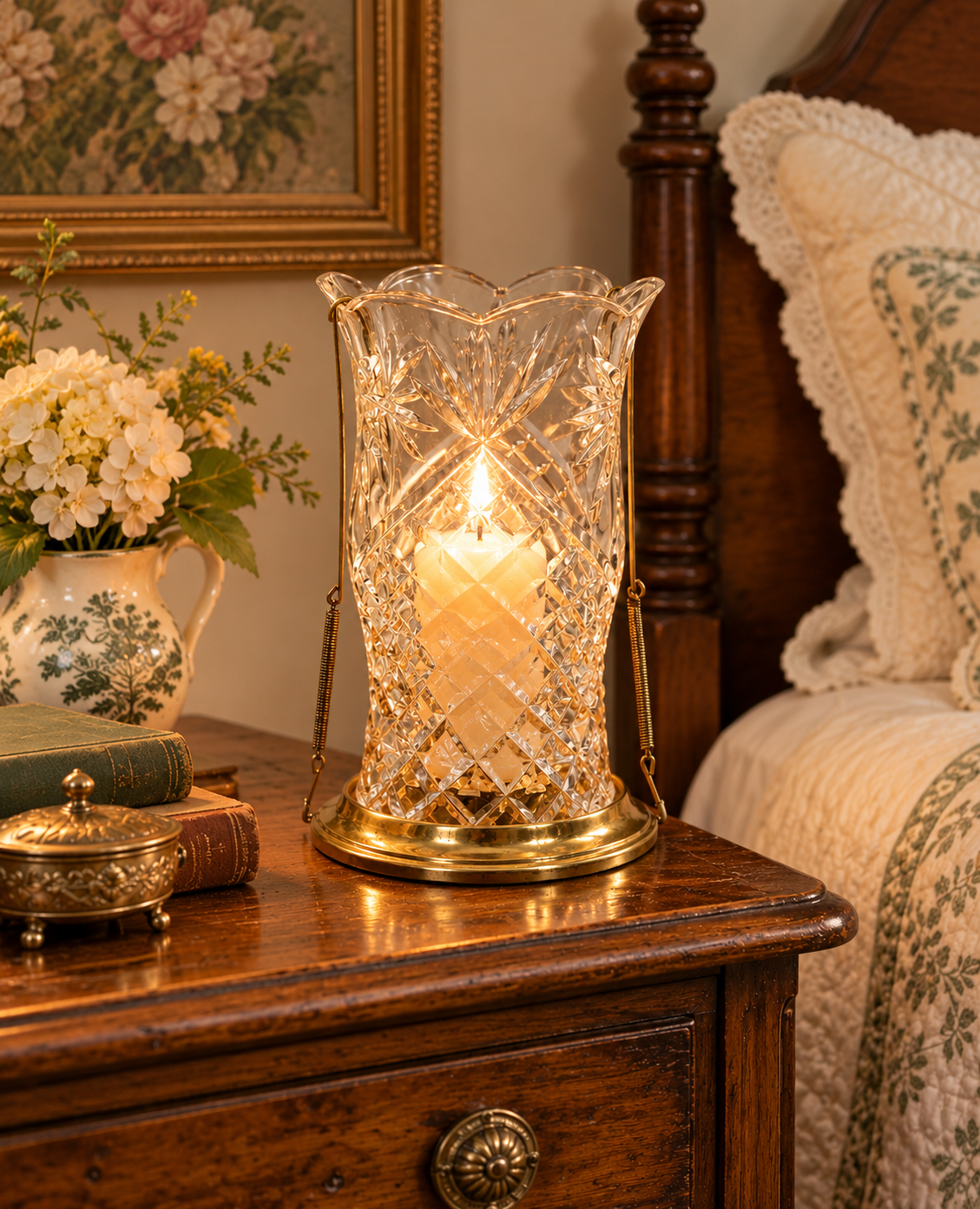 Set of 2 Vintage Cut Crystal Hurricane Candle Holders – Brass Bases & Swing Handles – Teleflora