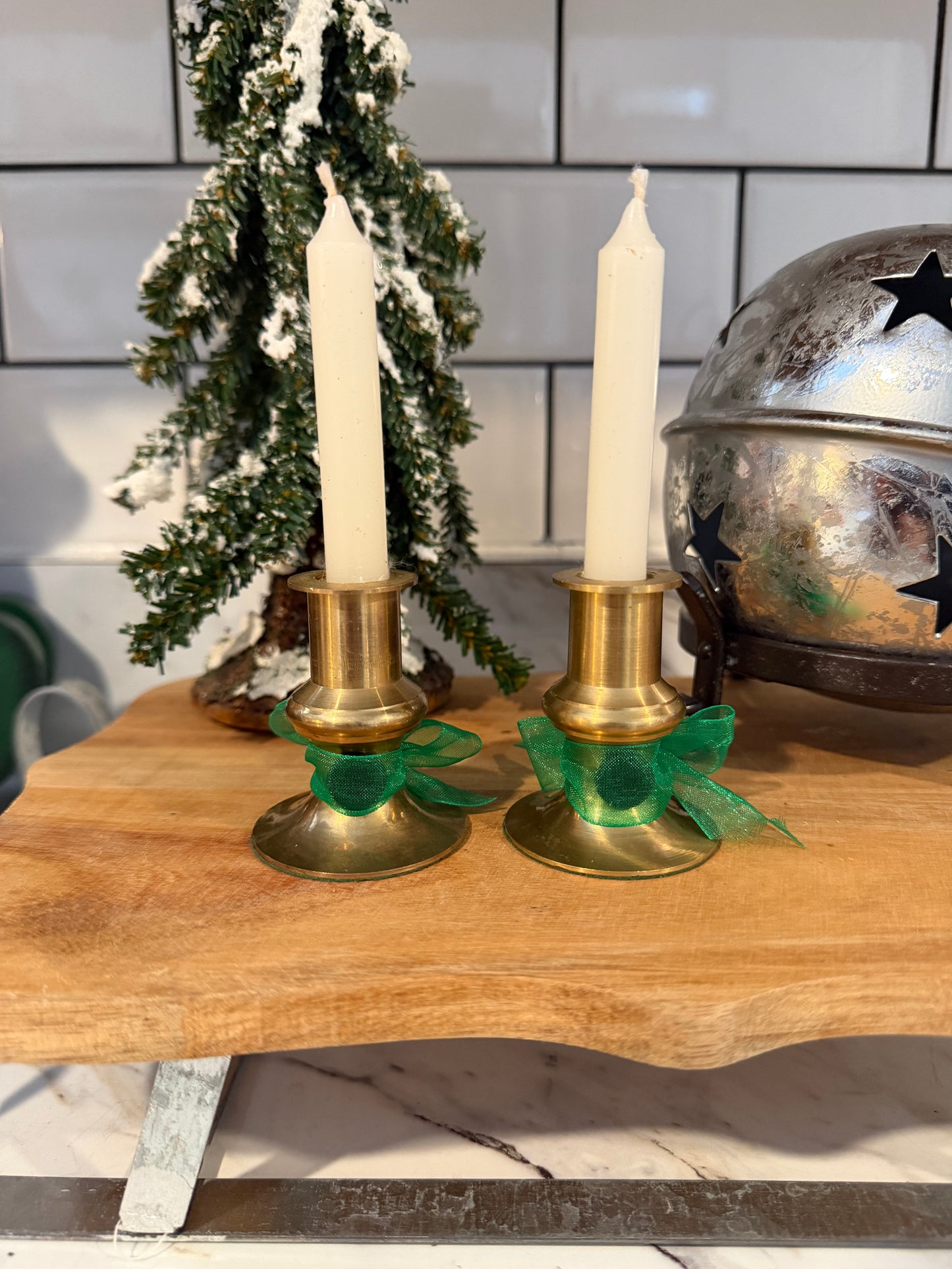 Vintage Brass Candle Holders with Green Bow & Candles Included - Candlesticks Repurposed