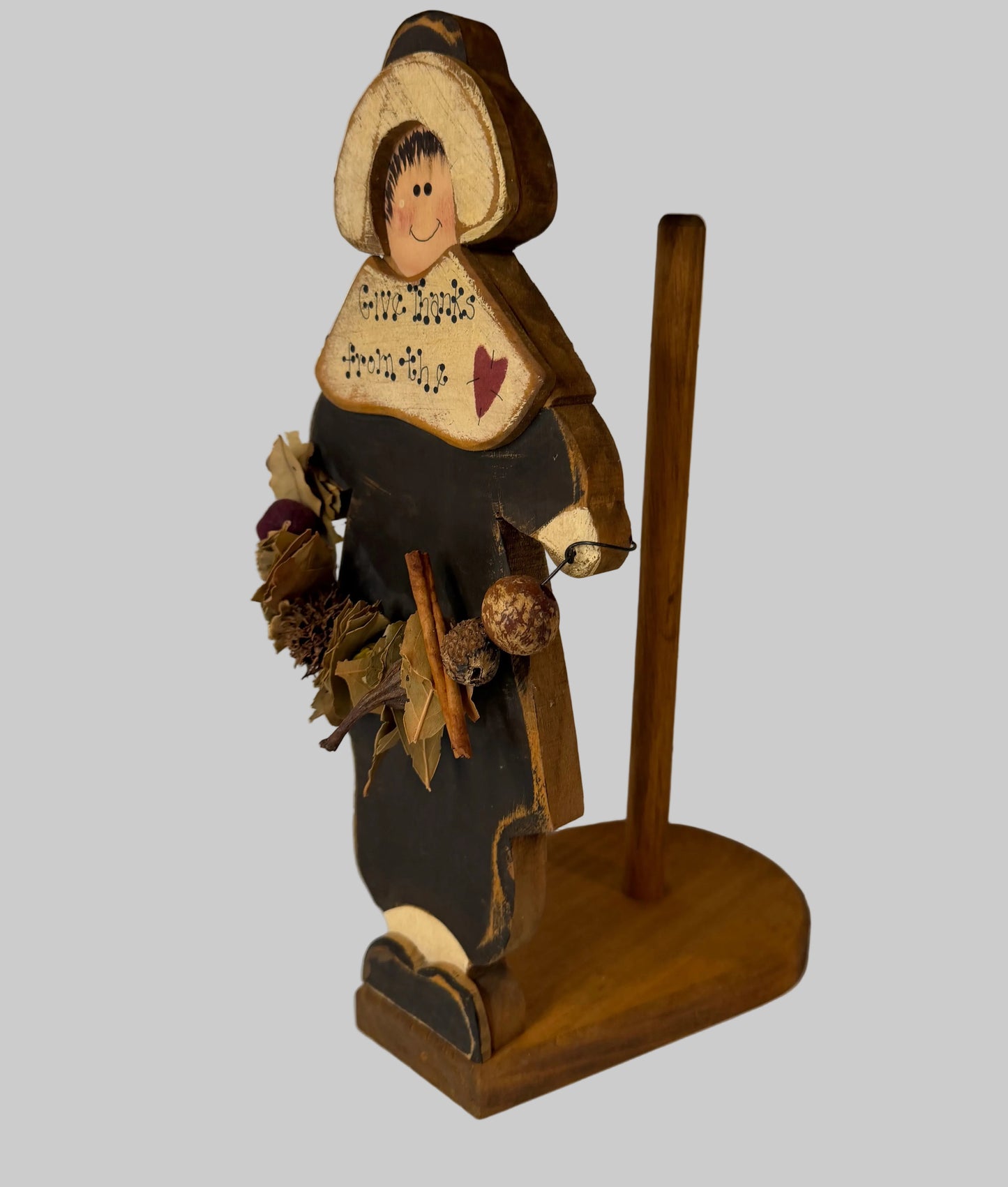 Primitive Wooden Paper Towel Holder with Hand-Painted Pilgrim