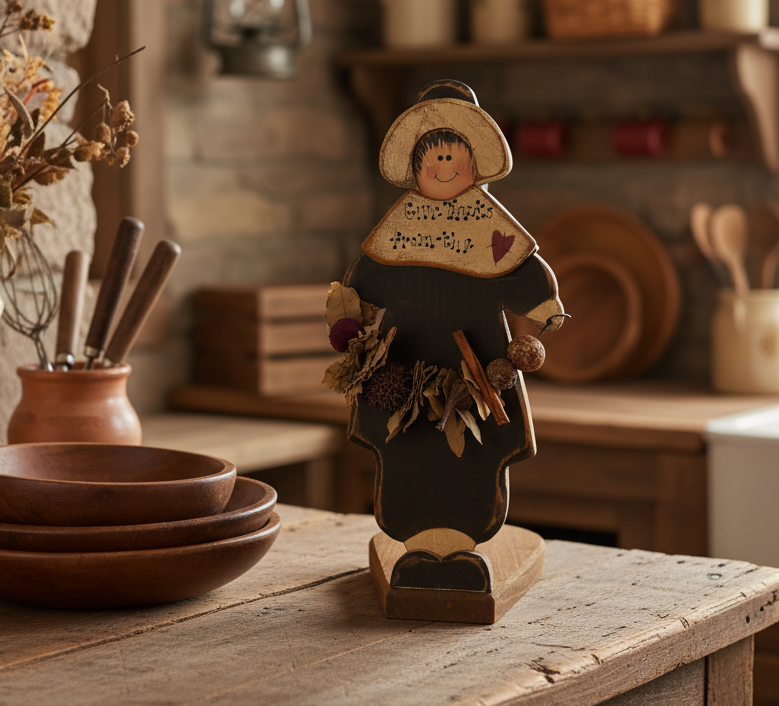 Primitive Wooden Paper Towel Holder with Hand-Painted Pilgrim