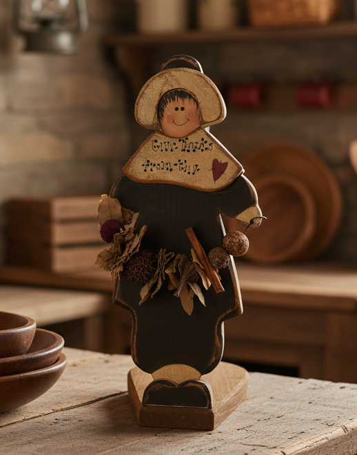 Primitive Wooden Paper Towel Holder with Hand-Painted Pilgrim