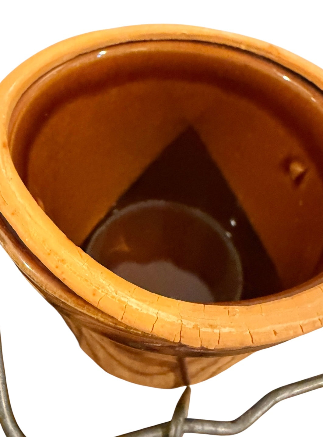 Brown Vintage Stoneware Cheese or Butter Crock with Wire Bail Lid