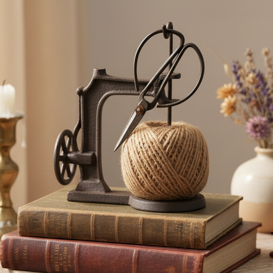 Vintage-Style Cast Iron Sewing Machine Jute Twine Holder with Scissors | Rustic Farmhouse Decor