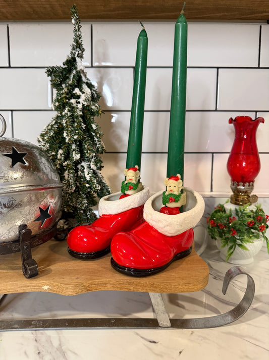 Vintage Santa Boot Candle Holders — Pair — Red with White Trim & Black Soles