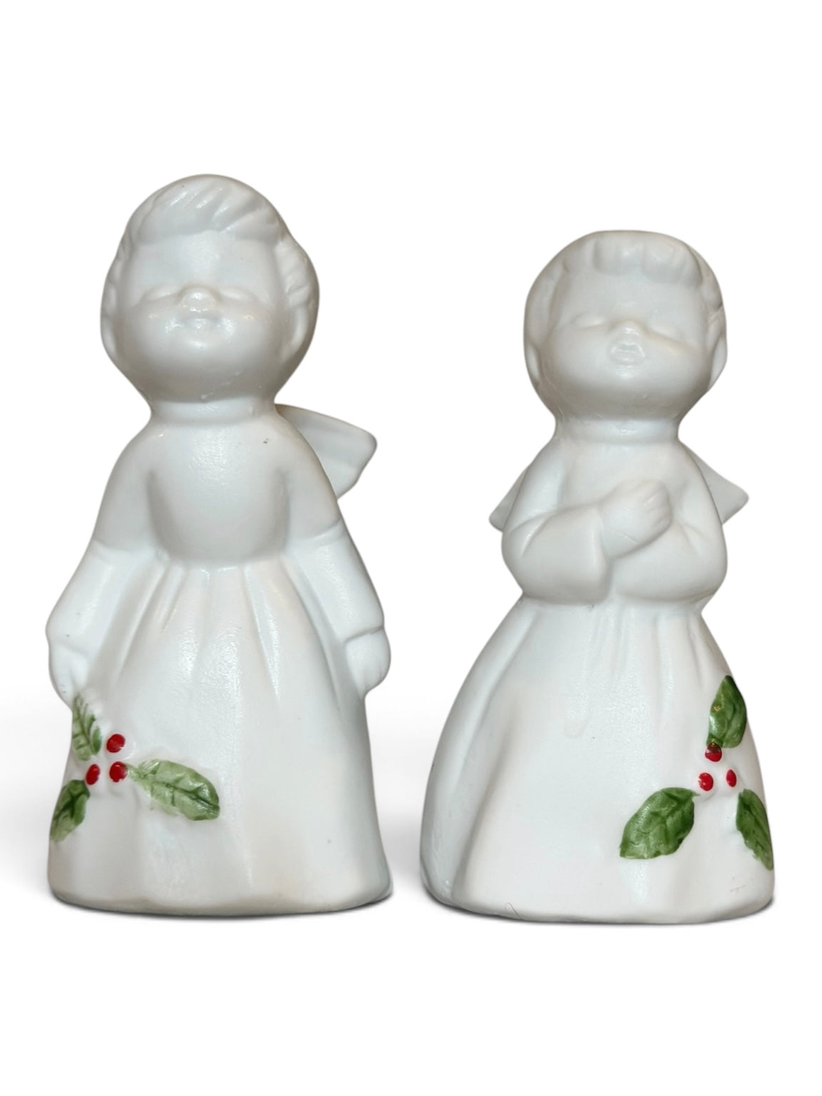 Enesco Kissing Angel Figurines – Set of 2 Vintage Bisque Porcelain Christmas Angels - 3.25”