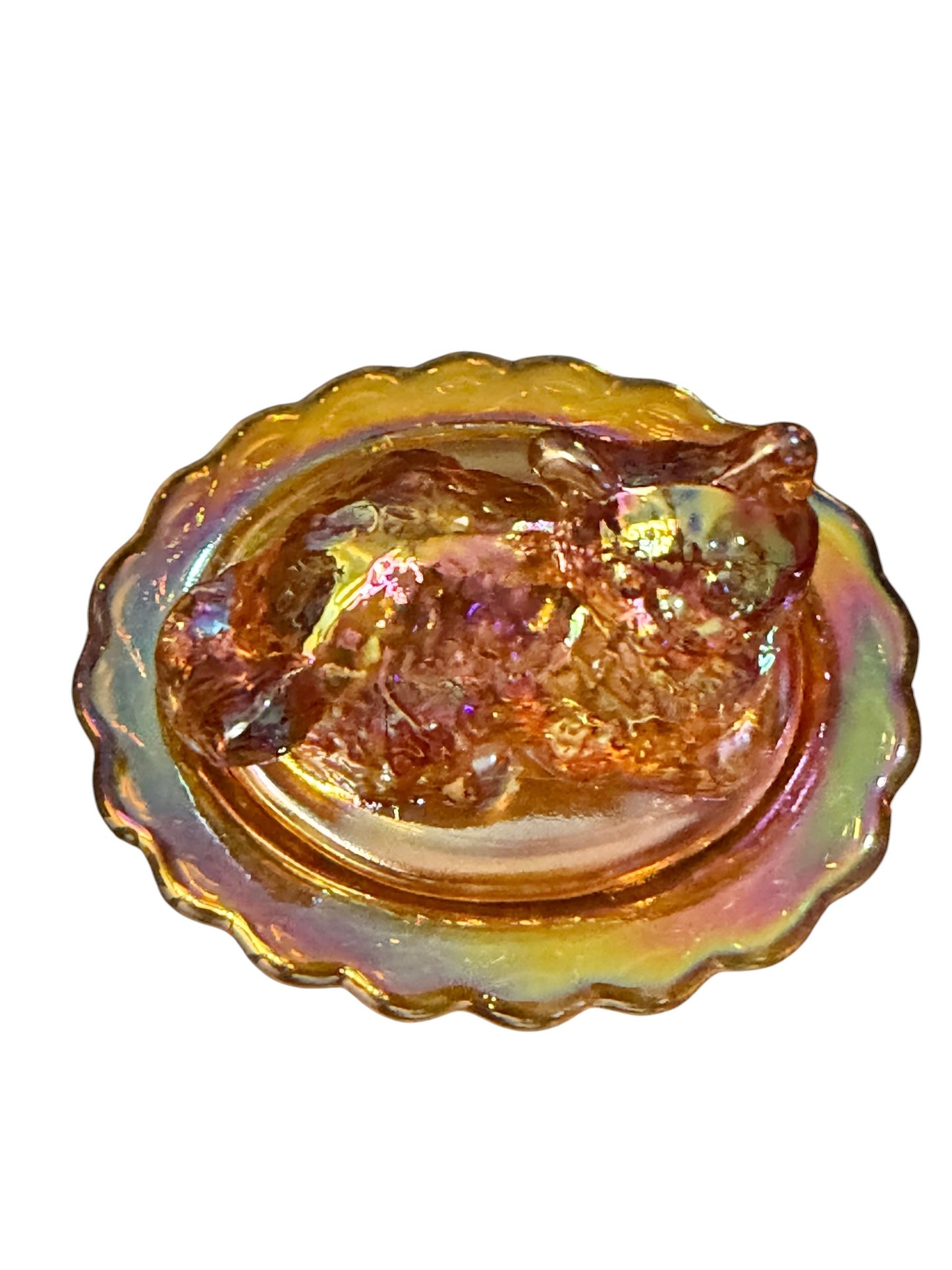 Mosser Glass Marigold Carnival Glass Mini Cat on Basket Covered Salt Cellar | Trinket Box