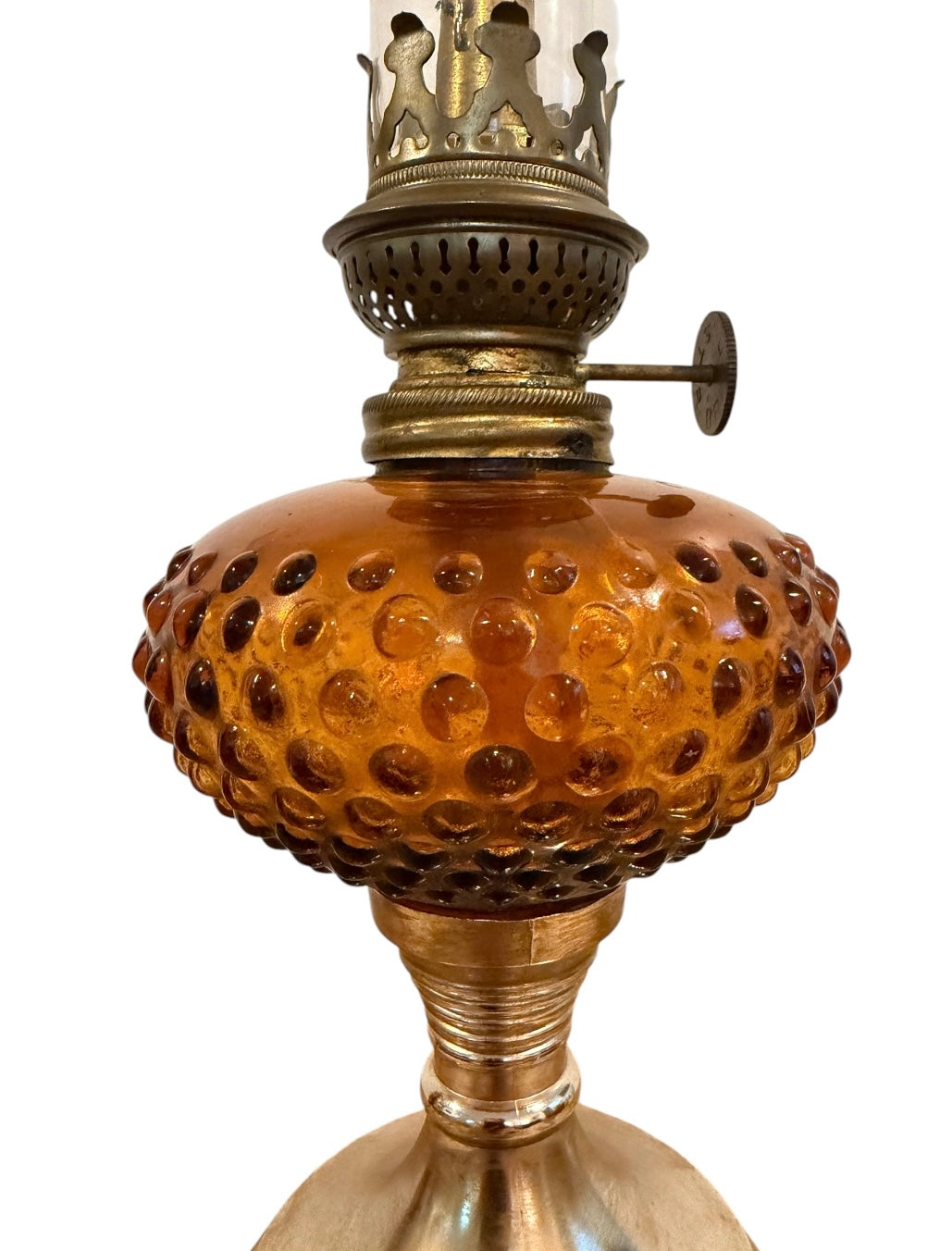 Amber Hobnail Vintage Kerosene/Oil Lamp with Star Burner & Glass Chimney
