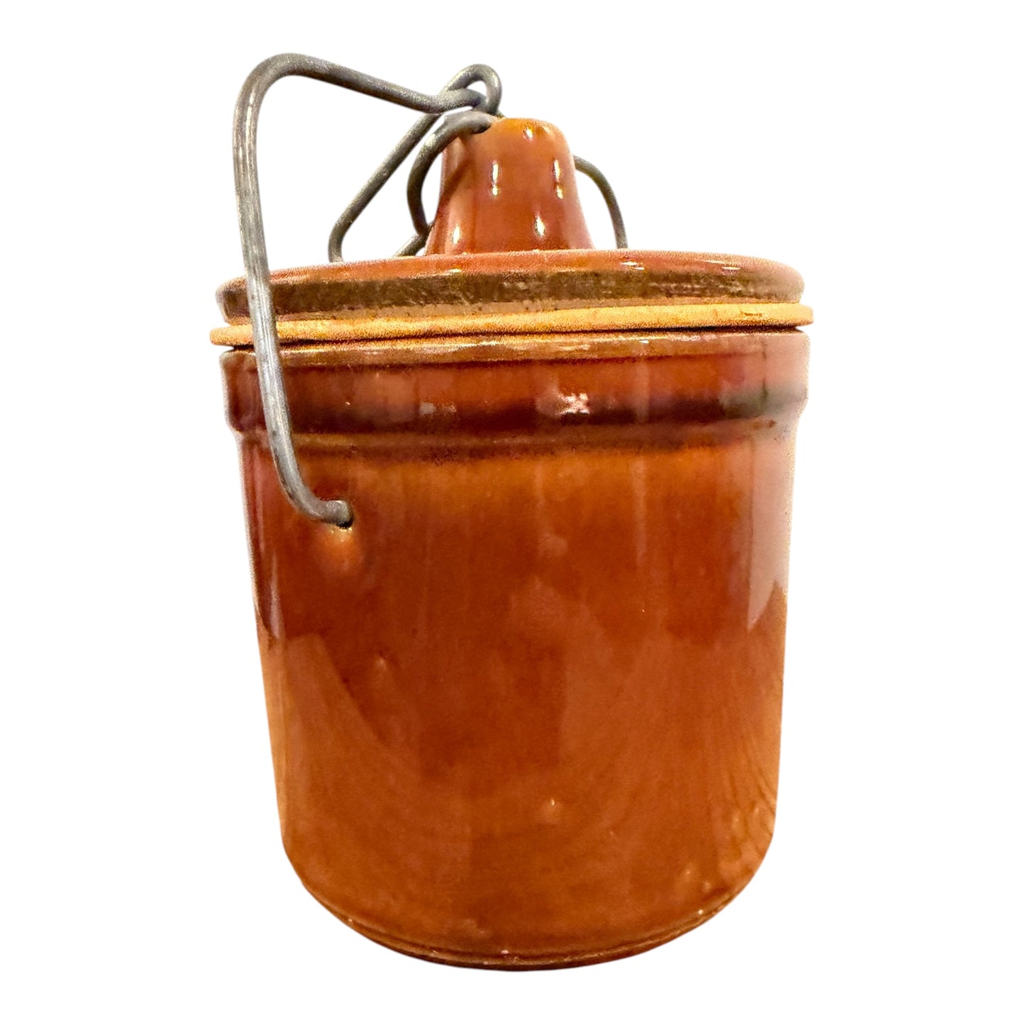 Brown Vintage Stoneware Cheese or Butter Crock with Wire Bail Lid