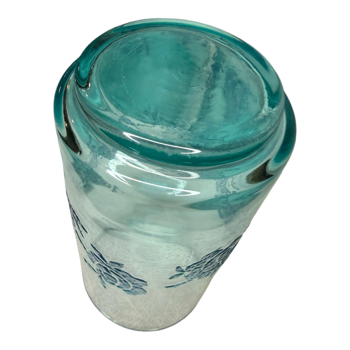 Set of 6 Vintage Aqua Blue Glass Tumblers with Raised Blue Rose Garland