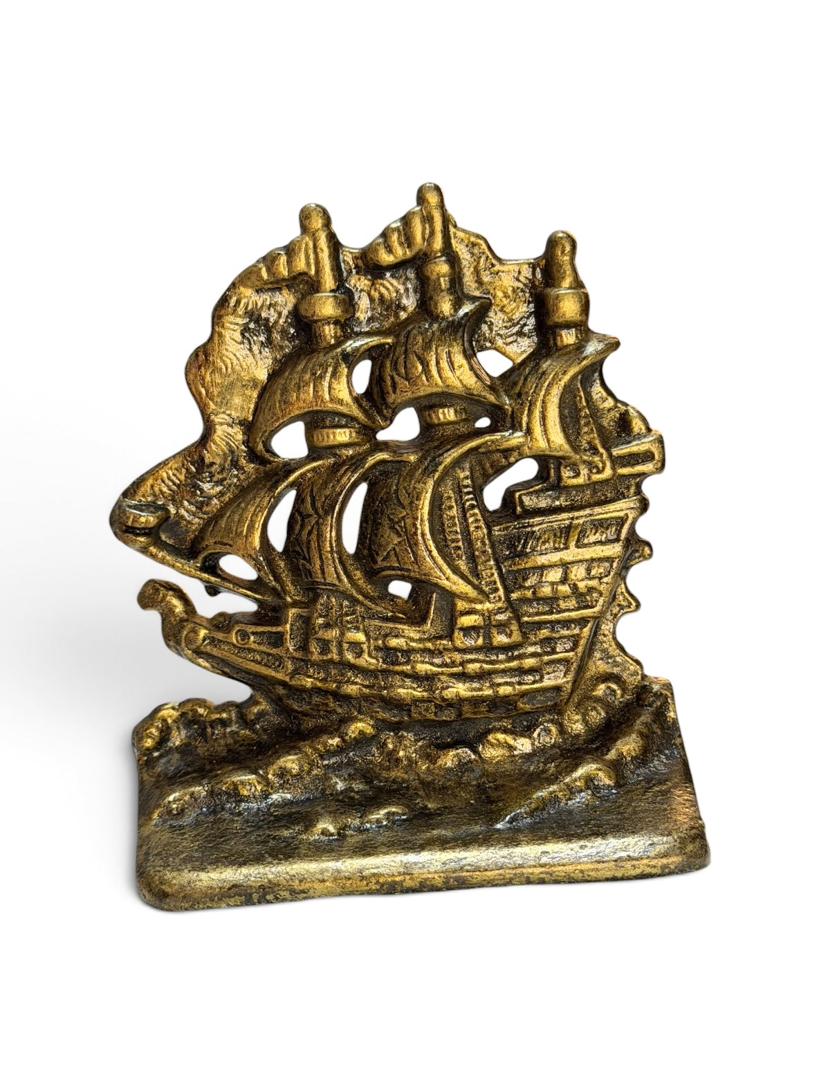 Pair - Vintage Cast Iron Sailing Ship Bookends – Brass Gold Finish – Set of 2