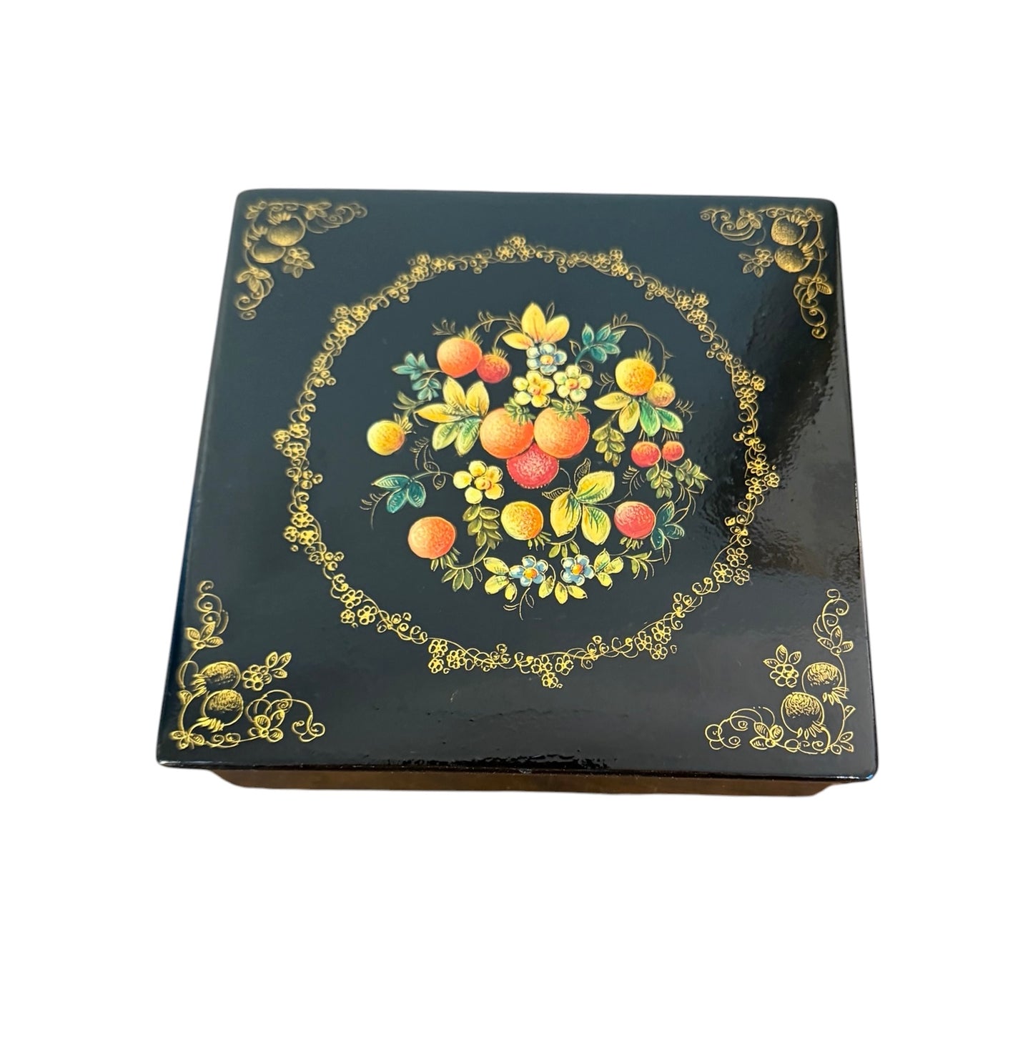 Rare 1950’s Russian Vintage Lacquer Box – Hand-Painted Floral Papier-Mâché Trinket Box