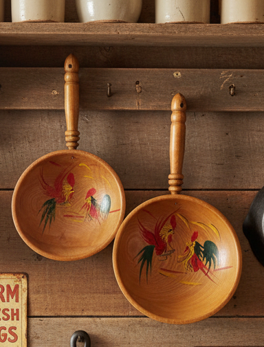 Pair of Vintage Japanese Wooden Rooster Snack Bowls | Mid-Century Frying Pan Wall Decor | 1950s–1960s