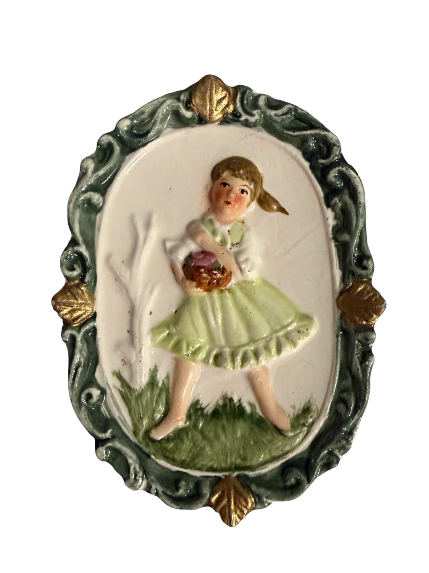 Vintage Mid-Century Porcelain Wall Plaque Pair – Hand-Painted Girl with Basket (Enesco / Occupied Japan Style)