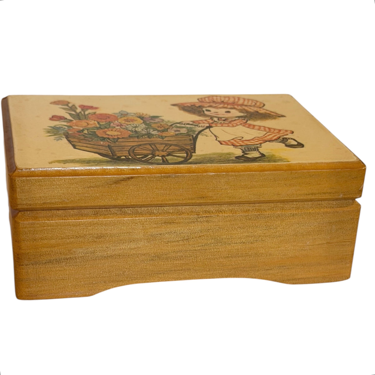 1970s Wooden Holly Hobby Style Jewelry Box | Retro Floral Girl & Pink Velvet Interior