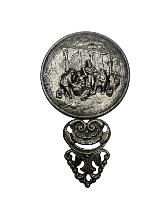 Vintage Hans Jensen Silver-Plated Purse Mirror – Repoussé Village Scene – Denmark