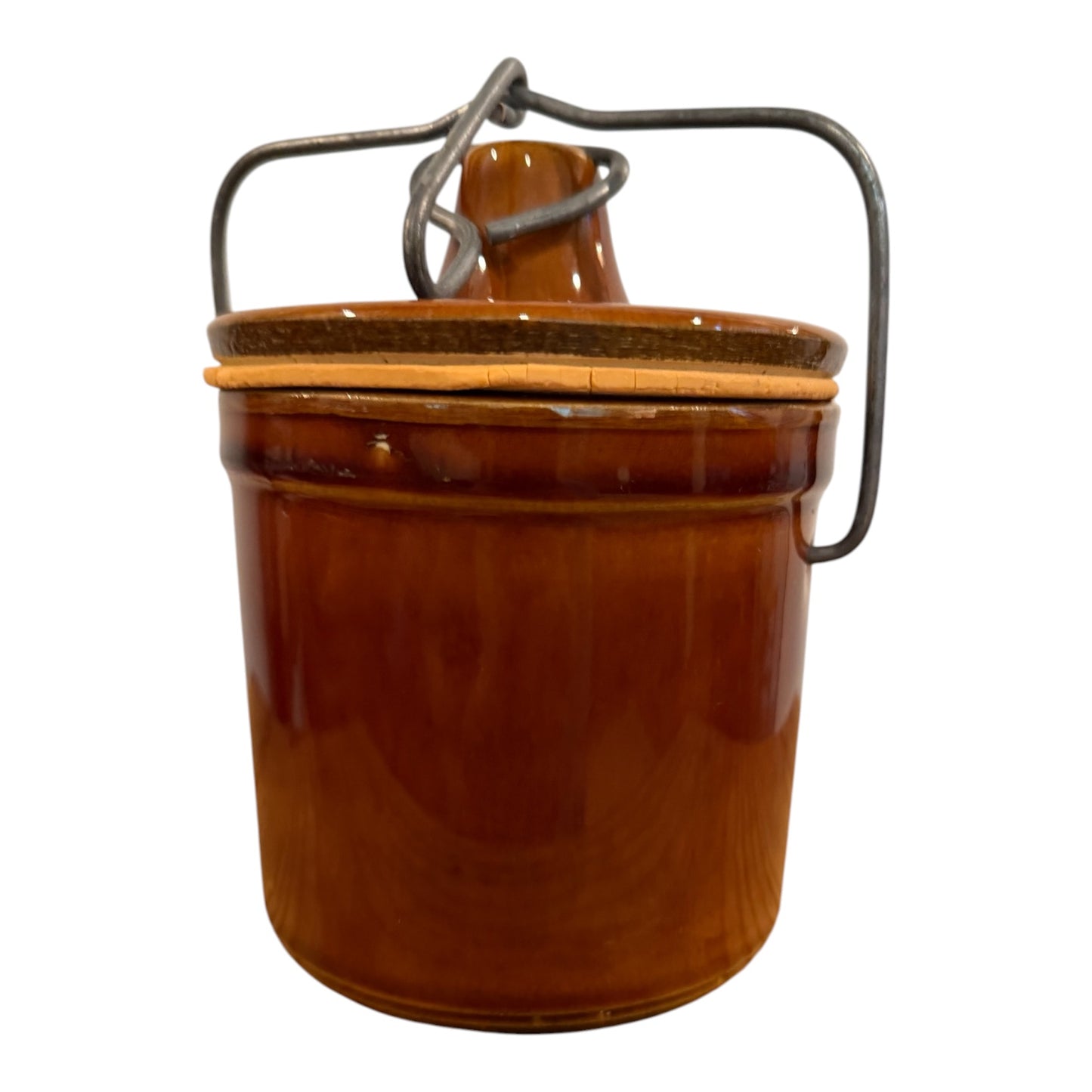 Brown Vintage Stoneware Cheese or Butter Crock with Wire Bail Lid