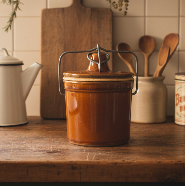 Brown Vintage Stoneware Cheese or Butter Crock with Wire Bail Lid