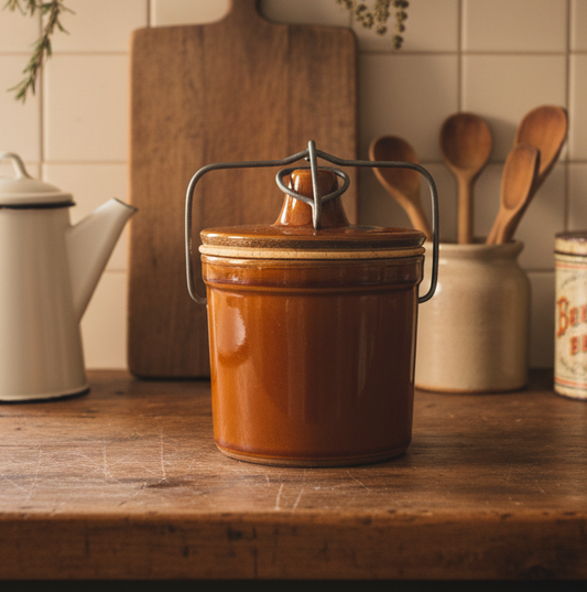 Brown Vintage Stoneware Cheese or Butter Crock with Wire Bail Lid
