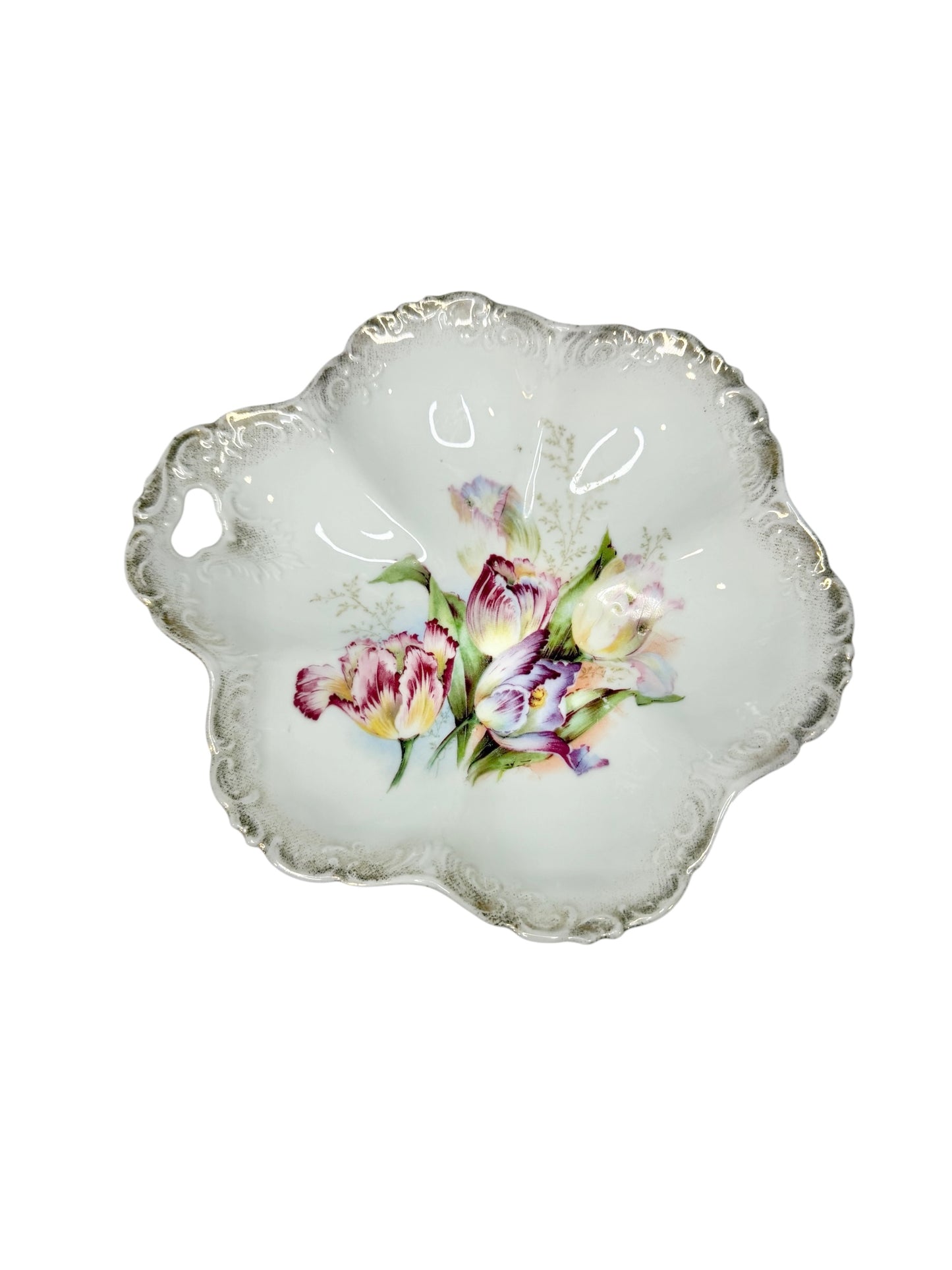 Antique German Porcelain Clover Bowl – Hand-Painted Floral | Late Victorian / Edwardian Era