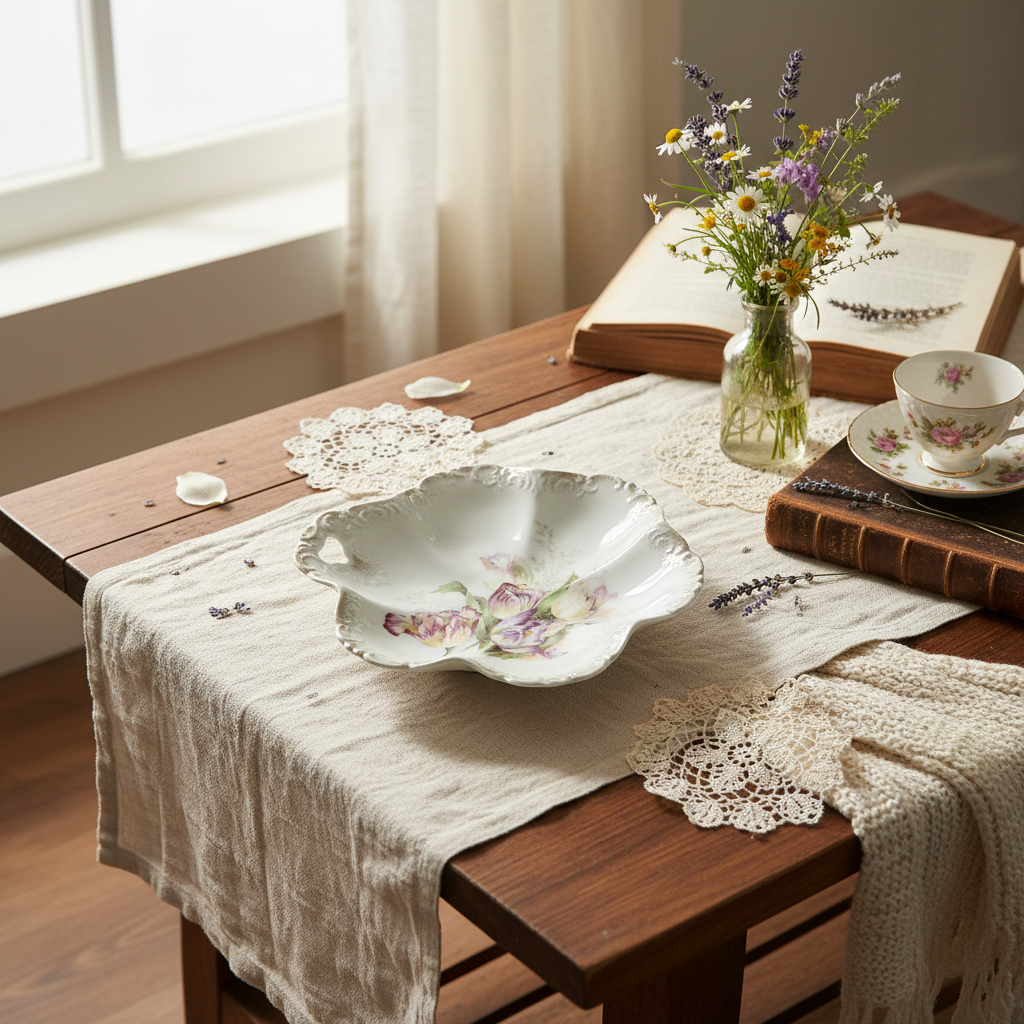 Antique German Porcelain Clover Bowl – Hand-Painted Floral | Late Victorian / Edwardian Era
