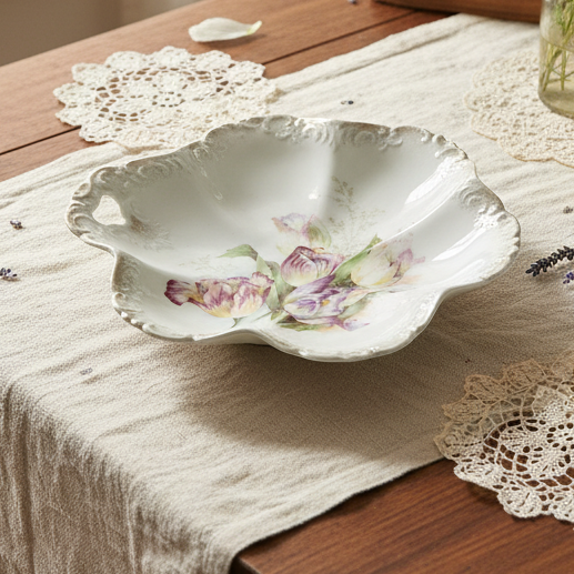 Antique German Porcelain Clover Bowl – Hand-Painted Floral | Late Victorian / Edwardian Era