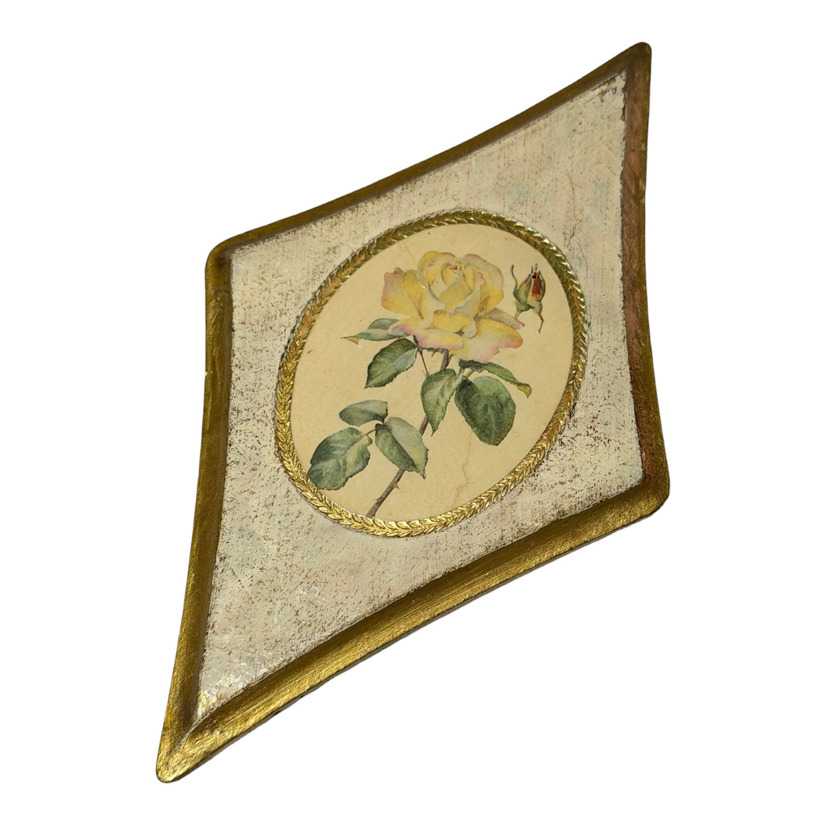 Italian Vintage Florentine Rose Wall Plaques – Pair of Diamond-Shaped Gilt Wood Botanical Art