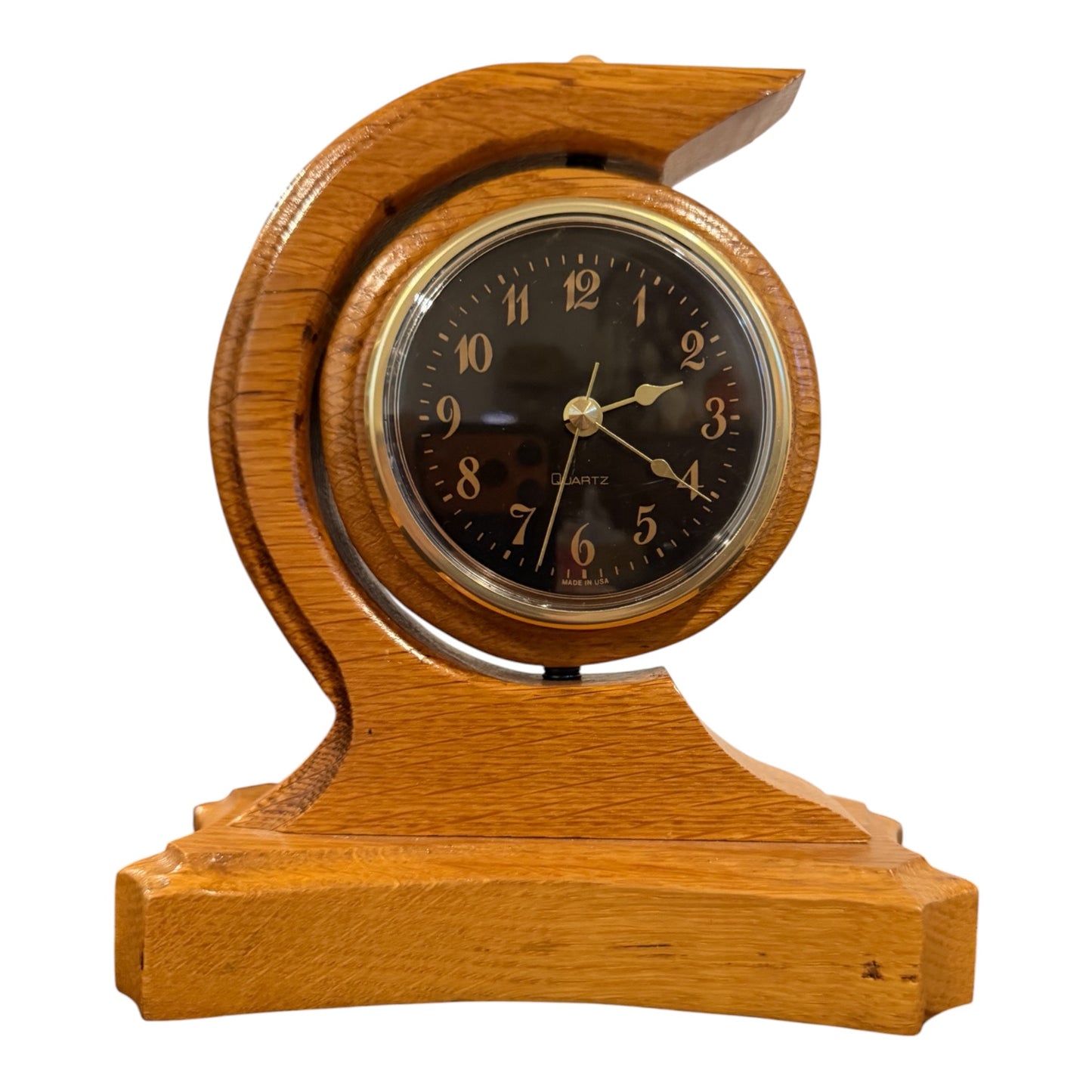 Handmade Vintage Wooden Crescent Mantel Clock | Swivel Quartz Clock | Solid Oak Desk Shelf Clock