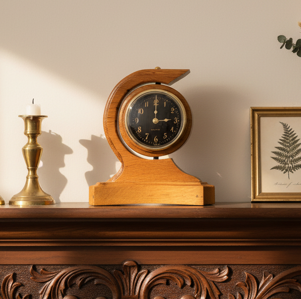 Handmade Vintage Wooden Crescent Mantel Clock | Swivel Quartz Clock | Solid Oak Desk Shelf Clock