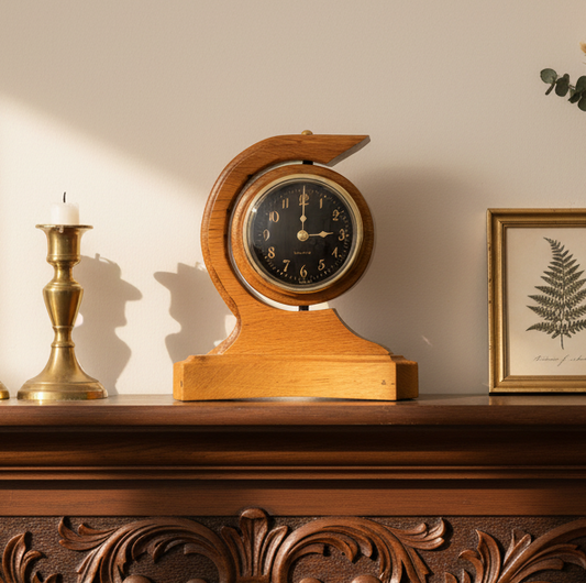 Handmade Vintage Wooden Crescent Mantel Clock | Swivel Quartz Clock | Solid Oak Desk Shelf Clock