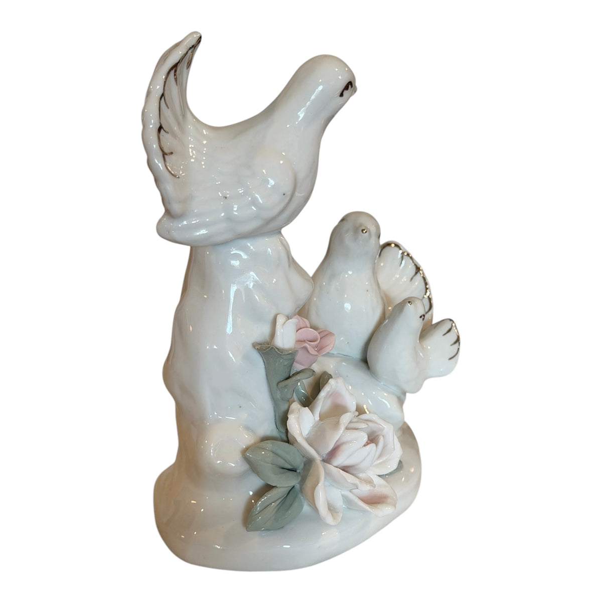 Porcelain Vintage Dove Family Figurine with Applied Flowers & Gold Accents
