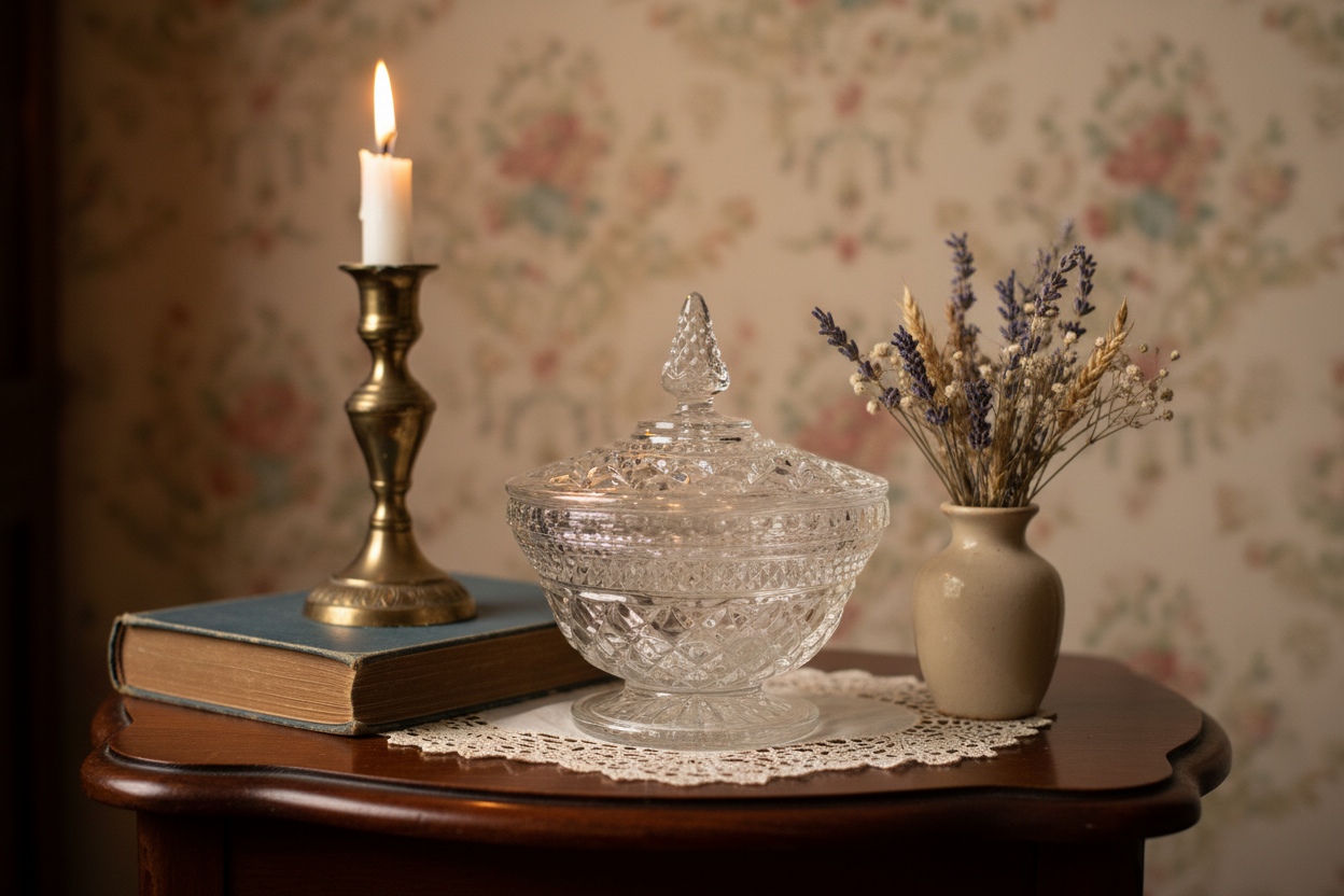 Anchor Hocking Vintage Wexford Lidded Candy Dish | Footed Pressed Glass Compote | Diamond Point Pattern