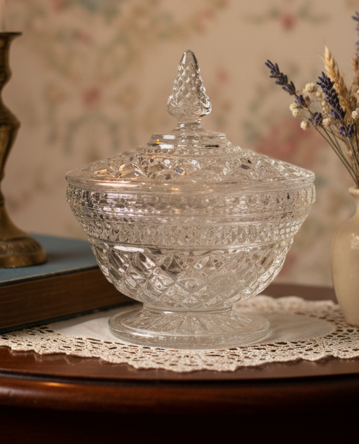 Anchor Hocking Vintage Wexford Lidded Candy Dish | Footed Pressed Glass Compote | Diamond Point Pattern