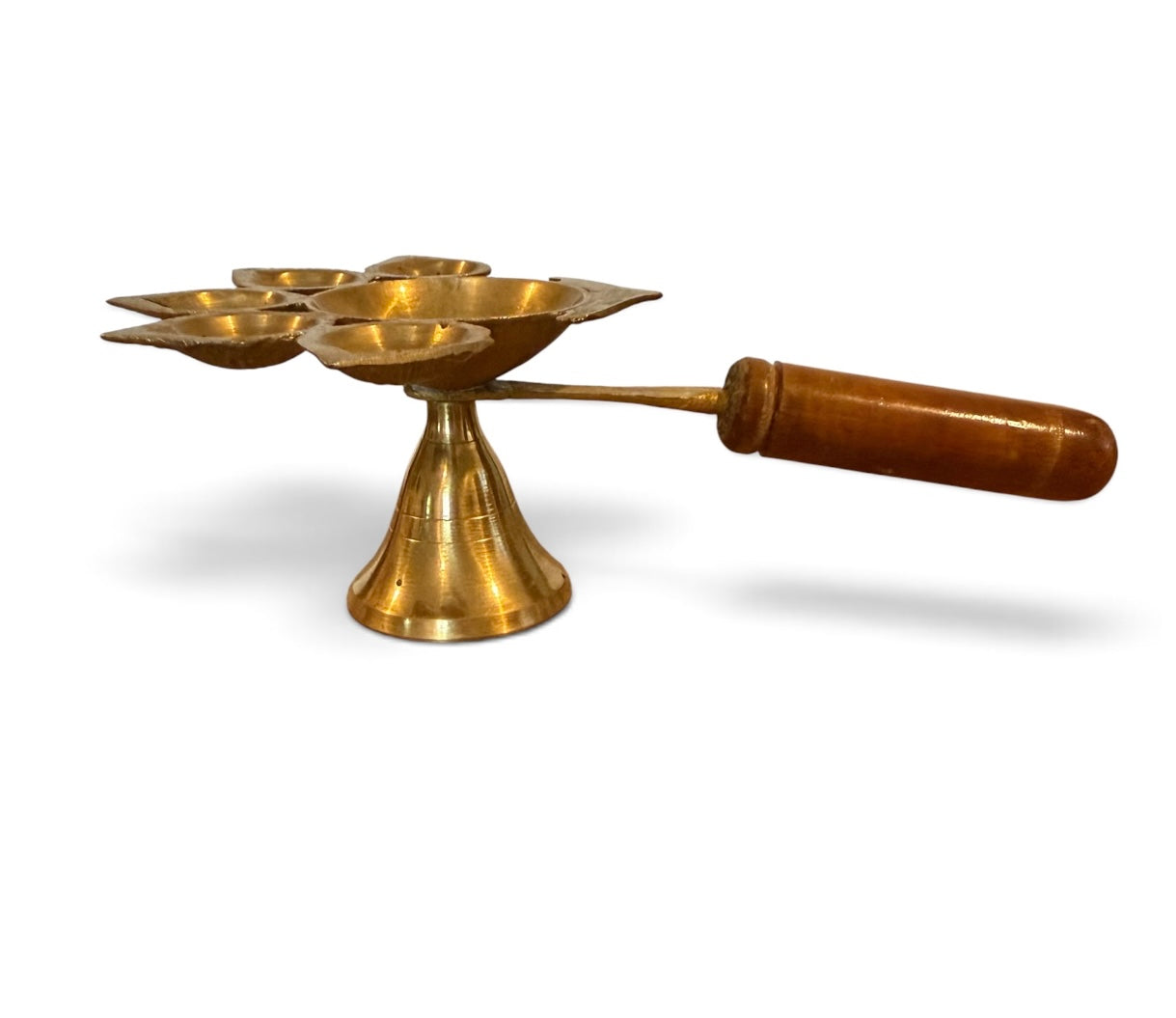 Vintage Brass Panch Aarti Diya Oil Lamp with Bell & Wooden Handle | Traditional Hindu Puja Lamp