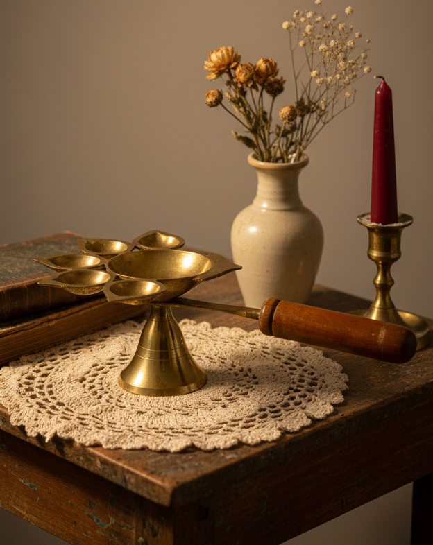 Vintage Brass Panch Aarti Diya Oil Lamp with Bell & Wooden Handle | Traditional Hindu Puja Lamp