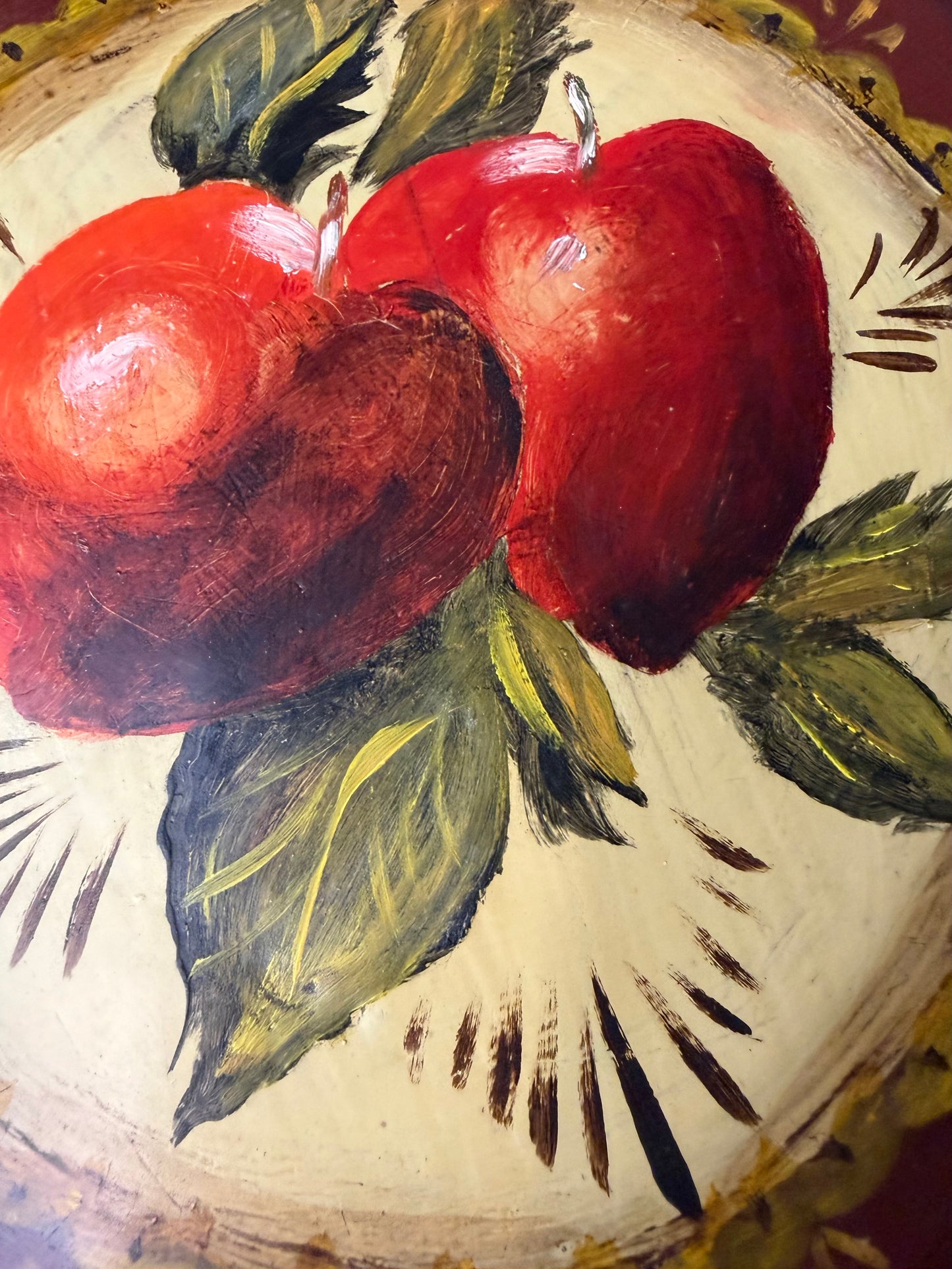 Vintage Hand-Painted Toleware Tray – Folk Art Apple Design, 1974