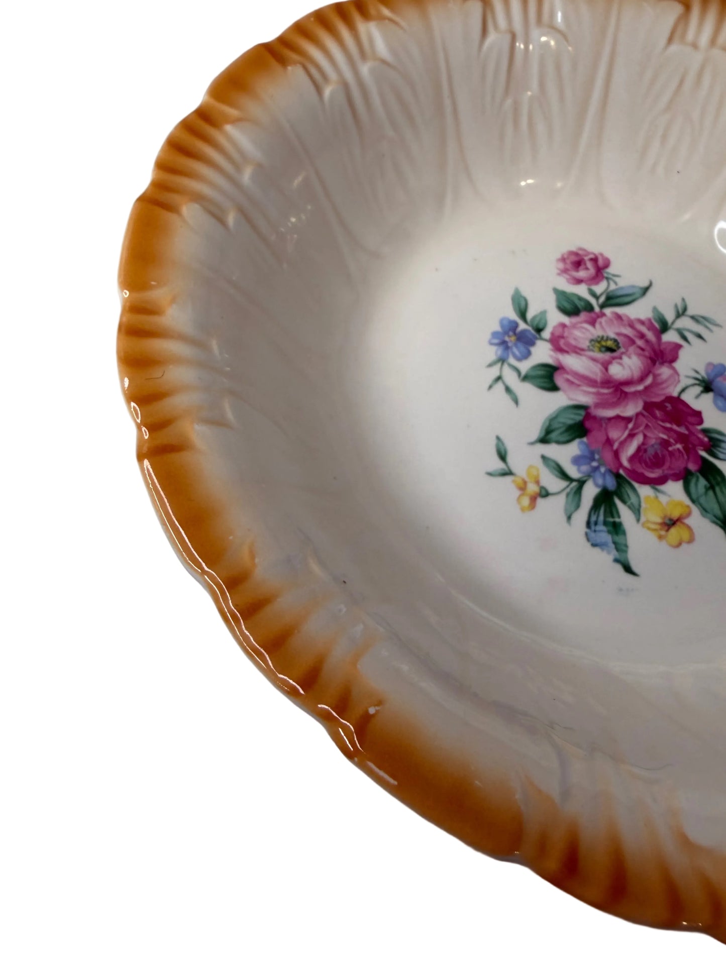 Vintage Homer Laughlin Serving Bowl – Floral with Orange/Gold Rim (c. 1950s)