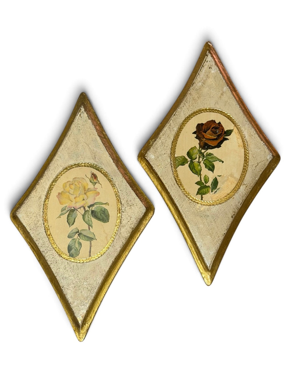 Italian Vintage Florentine Rose Wall Plaques – Pair of Diamond-Shaped Gilt Wood Botanical Art