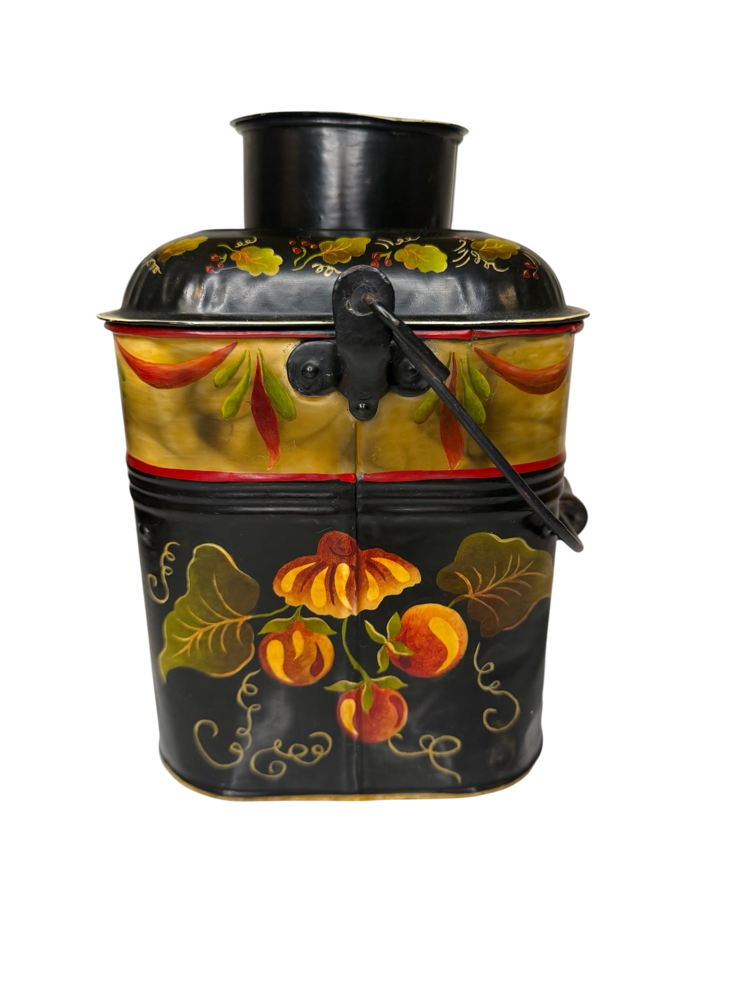 Tole-Painted Antique Metal Lunch Pail – Hand-Painted Floral Folk Art – Vintage Metal Lunch Box