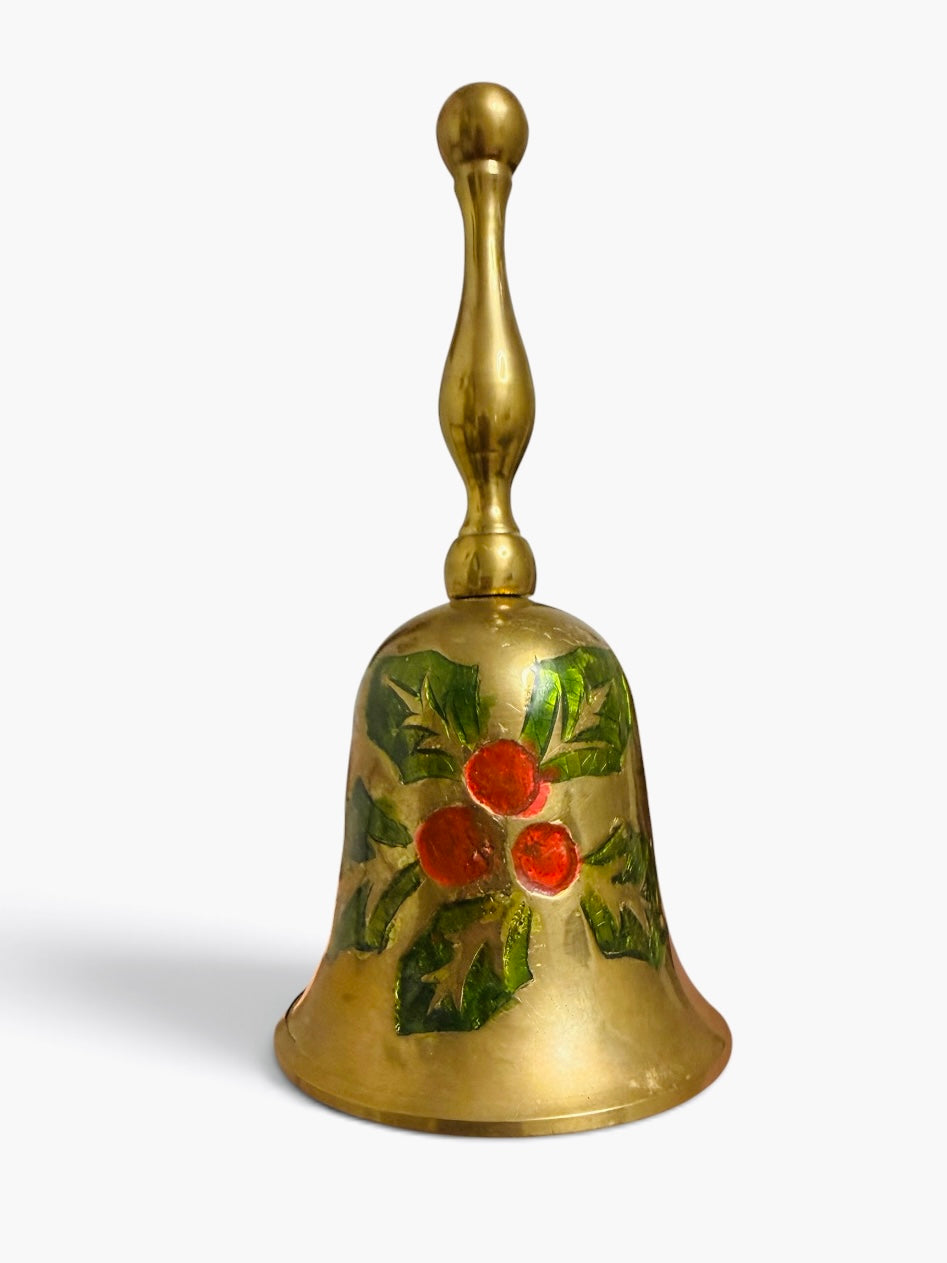 Brass Holly & Berry Hand Bell – Vintage Enameled Christmas Bell