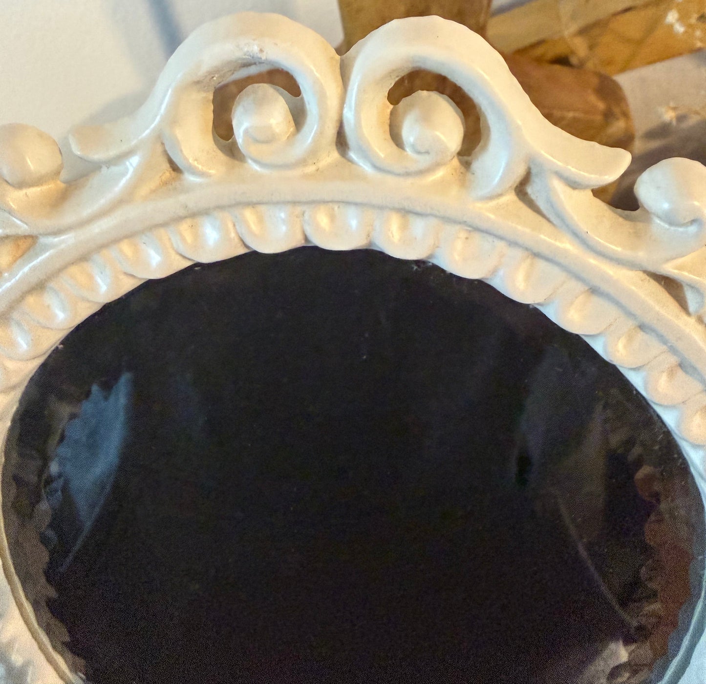 Vintage Victorian-Style Vanity Mirror – White Painted Cast Iron, Shabby Chic Pedestal