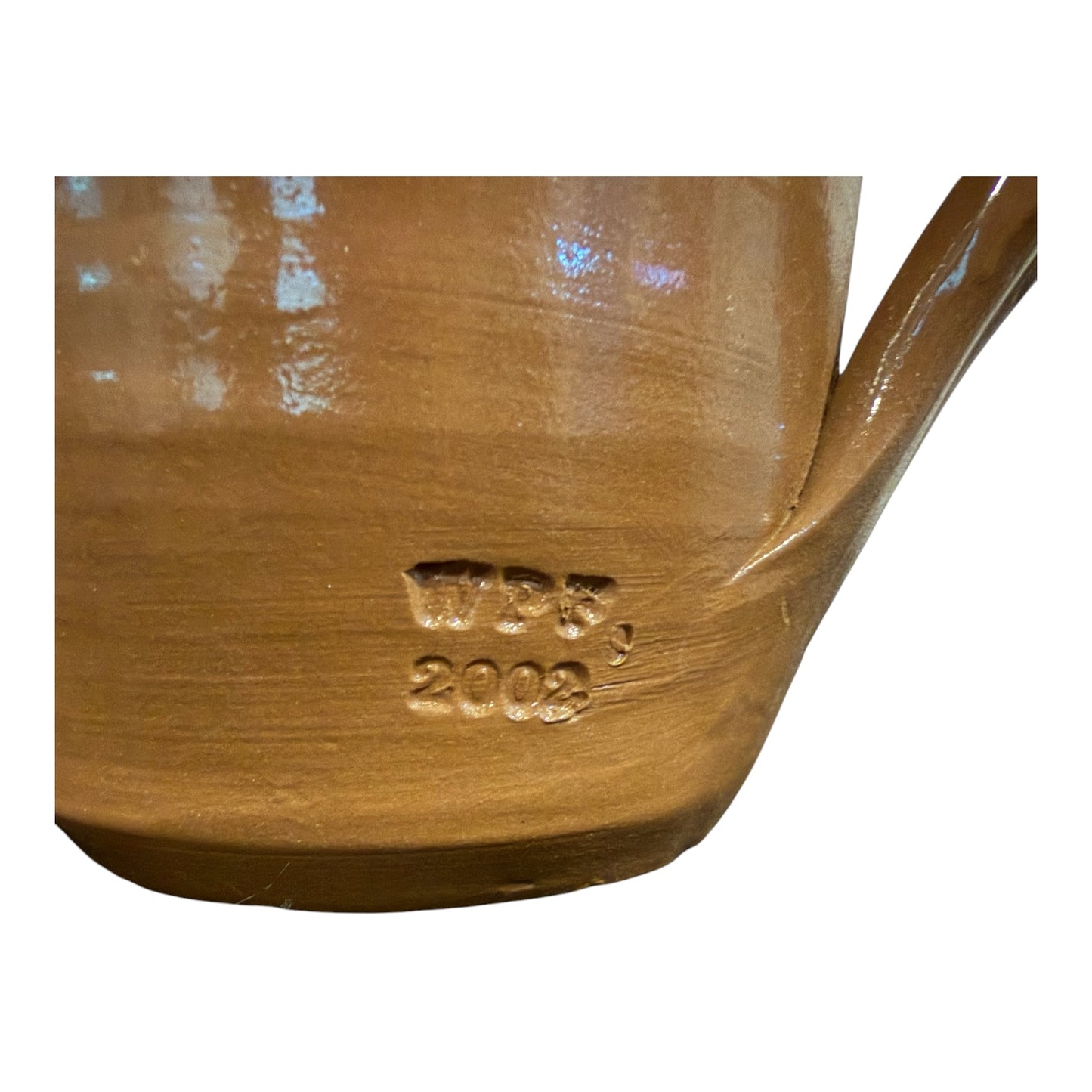 Williamsburg Pottery Factory WPF Stoneware Pitcher – 2002 Vintage - Brown Glaze with Blue Floral Detail